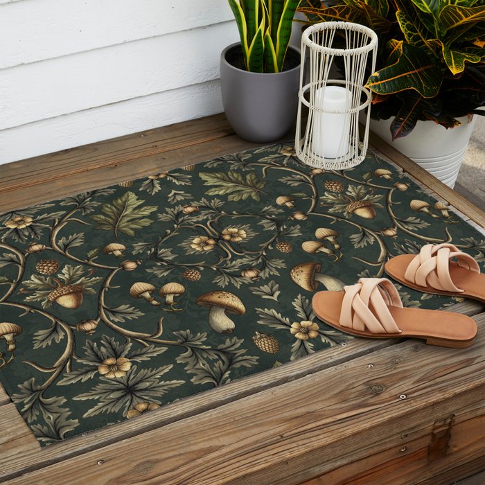 William Morris Style Forest Tales Cabincore Pattern Green Outdoor Rug Gallery Image 2