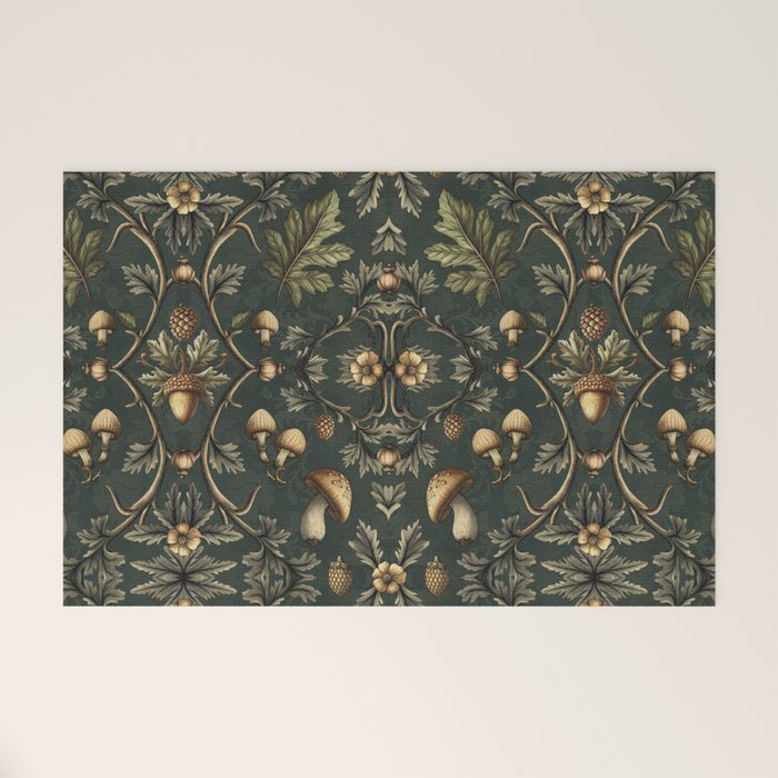 William Morris Style Forest Tales Cabincore Pattern Green Welcome Mat Gallery Image 1