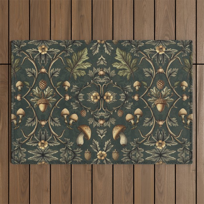William Morris Style Forest Tales Cabincore Pattern Green Outdoor Rug Gallery Image 1