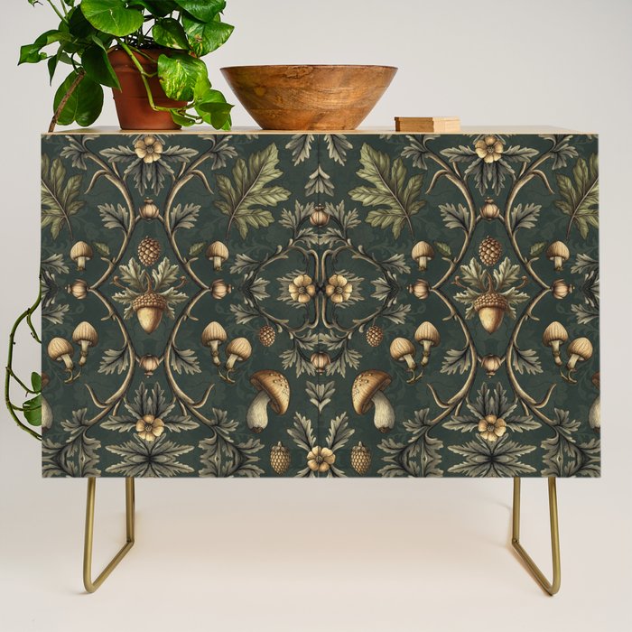 William Morris Style Forest Tales Cabincore Pattern Green Credenza Gallery Image 1