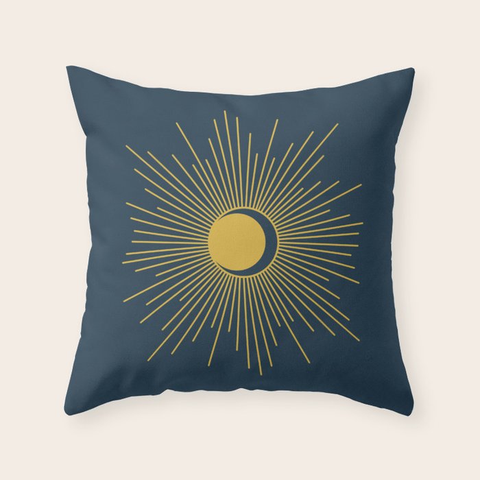 Sun and Moon - Mid Century Modern Minimalism in Light Mustard and Navy Blue Throw Pillow Gallery Image 6