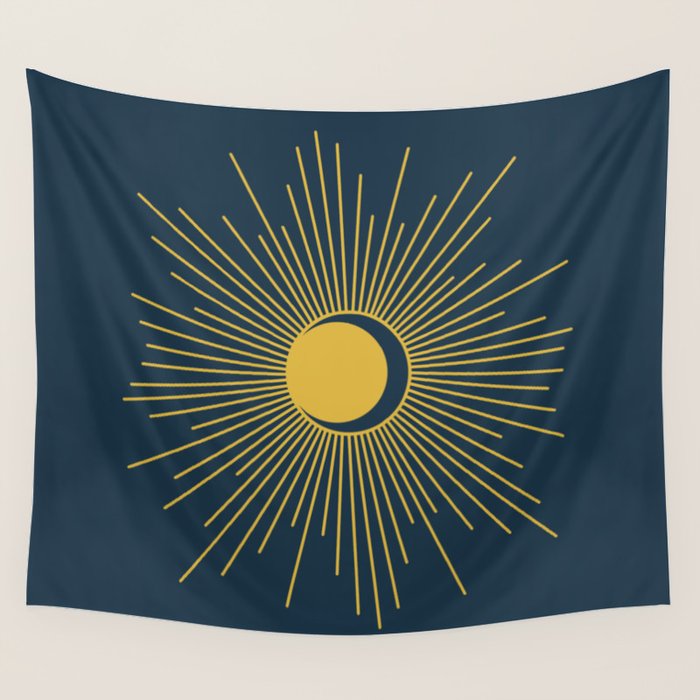 Sun and Moon - Mid Century Modern Minimalism in Light Mustard and Navy Blue Wall Tapestry Gallery Image 1