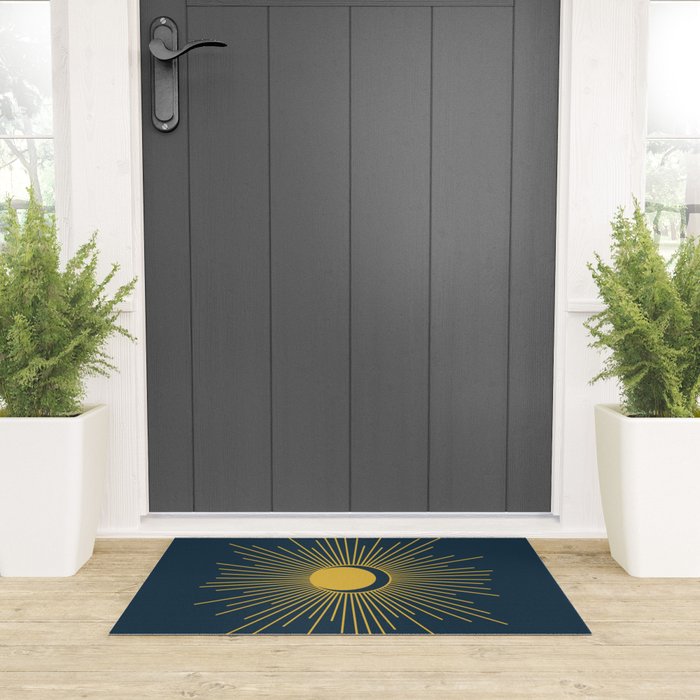 Sun and Moon - Mid Century Modern Minimalism in Light Mustard and Navy Blue Welcome Mat Gallery Image 3