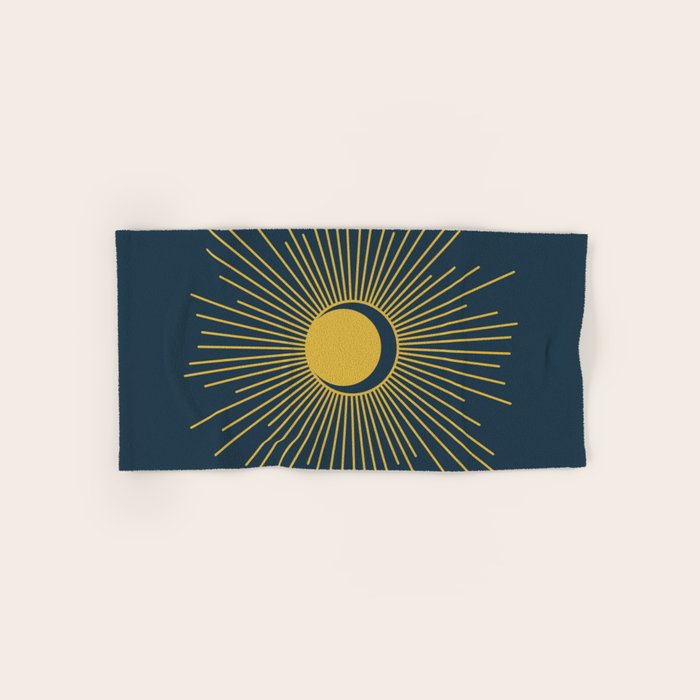 Sun and Moon - Mid Century Modern Minimalism in Light Mustard and Navy Blue Bath Towel Gallery Image 1