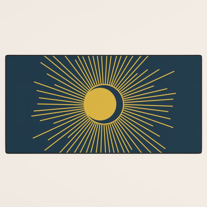 Sun and Moon - Mid Century Modern Minimalism in Light Mustard and Navy Blue Desk Mat Gallery Image 3