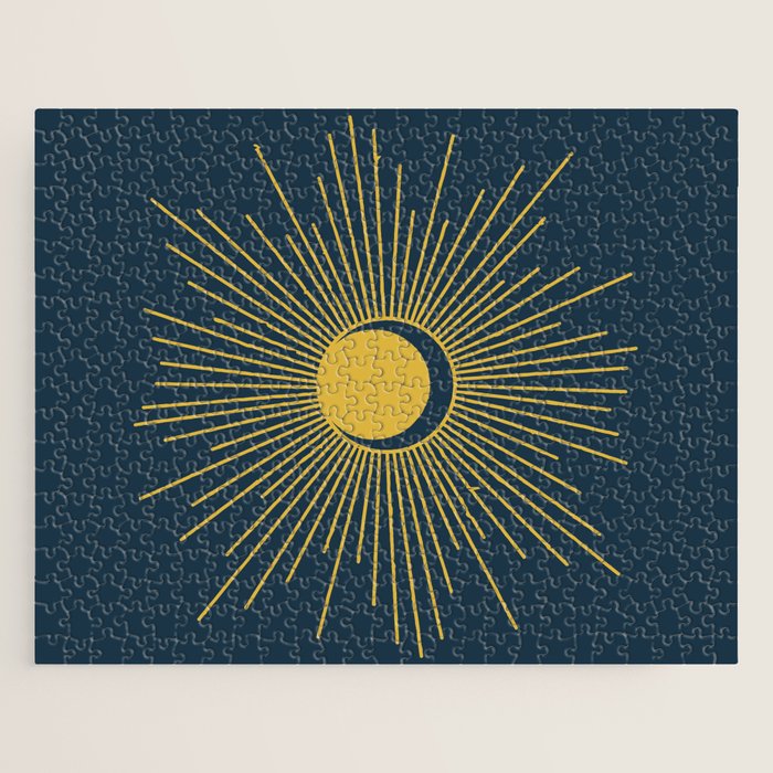 Sun and Moon - Mid Century Modern Minimalism in Light Mustard and Navy Blue Jigsaw Puzzle Gallery Image 1