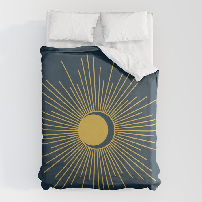 Sun and Moon - Mid Century Modern Minimalism in Light Mustard and Navy Blue Duvet Cover Gallery Image 1