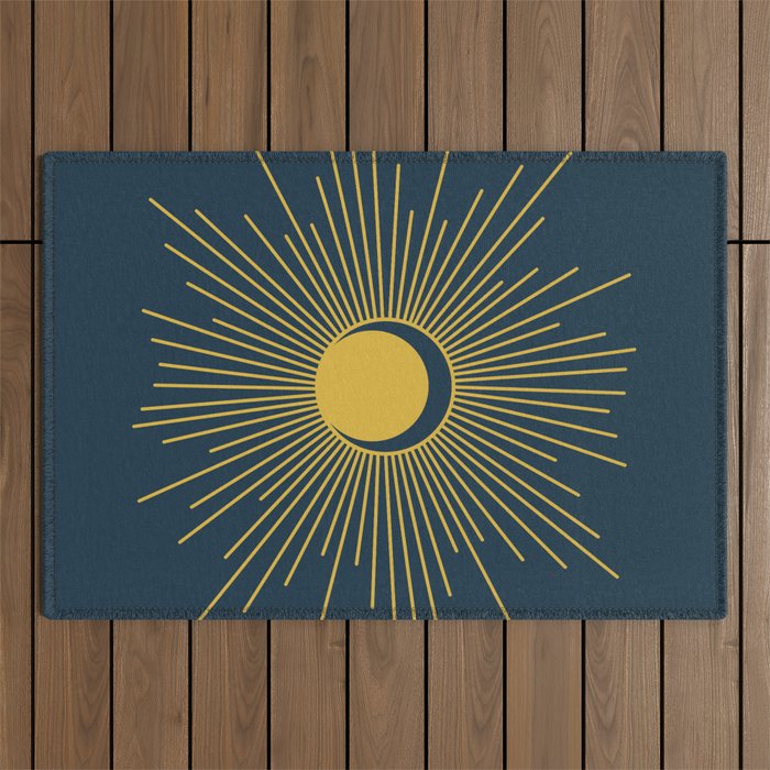 Sun and Moon - Mid Century Modern Minimalism in Light Mustard and Navy Blue Outdoor Rug Gallery Image 1