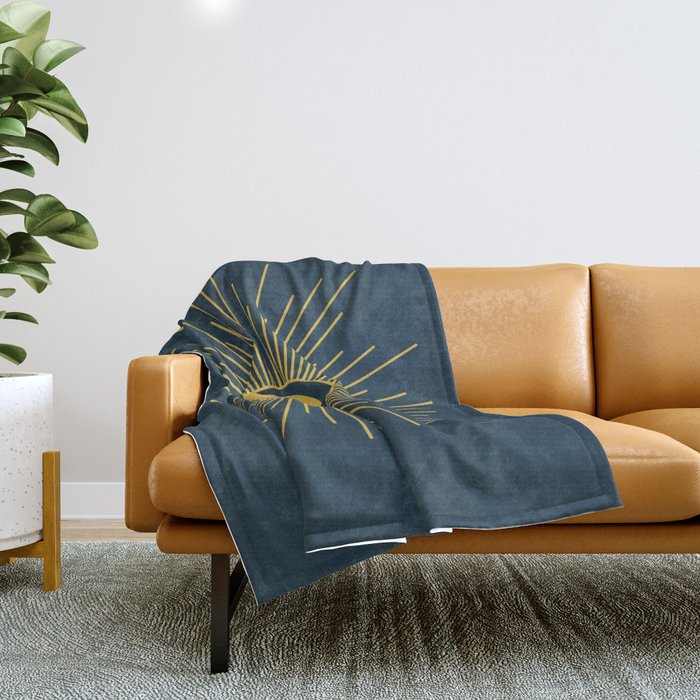 Sun and Moon - Mid Century Modern Minimalism in Light Mustard and Navy Blue Throw Blanket Gallery Image 1