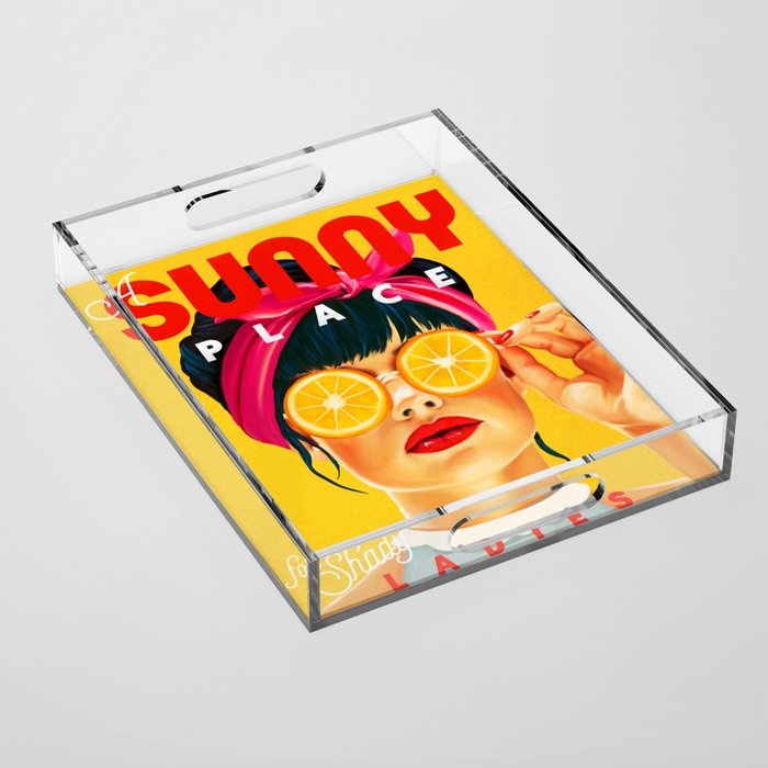 "A Sunny Place For Shady Ladies" Cool, Retro Pinup Girl With Orange Shades Acrylic Tray Gallery Image 1