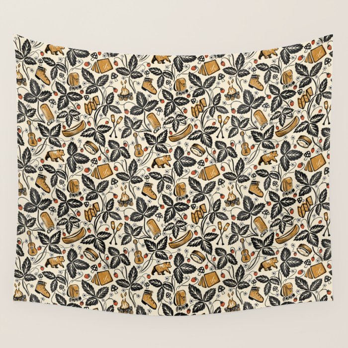 Summer Camping - Black, cream, and gold Wall Tapestry Gallery Image 4