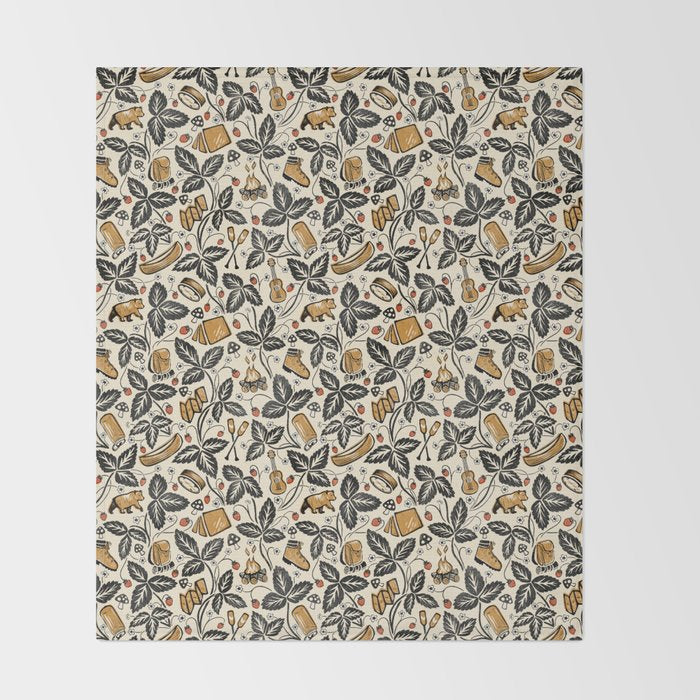 Summer Camping - Black, cream, and gold Throw Blanket Gallery Image 2