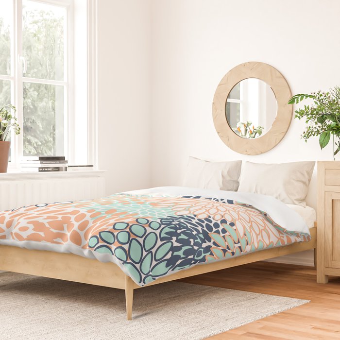 Festive, Floral Prints,Orange, Turquoise, Navy Blue Duvet Cover Gallery Image 2