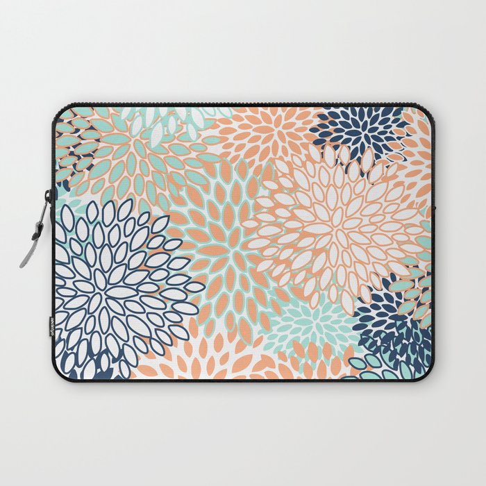 Festive, Floral Prints,Orange, Turquoise, Navy Blue Laptop Sleeve Gallery Image 1