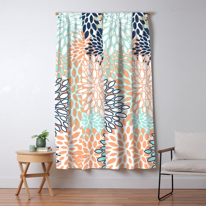 Festive, Floral Prints,Orange, Turquoise, Navy Blue Window Curtain Gallery Image 1