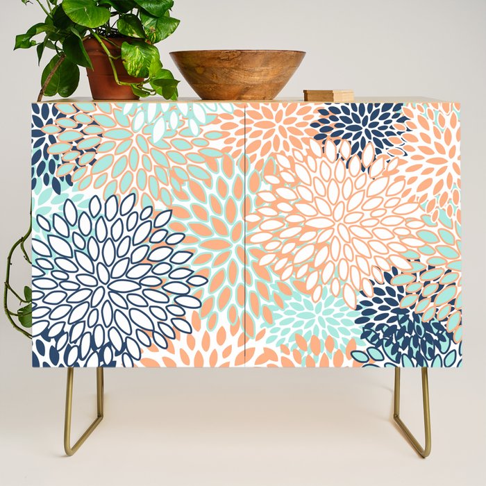 Festive, Floral Prints,Orange, Turquoise, Navy Blue Credenza Gallery Image 1