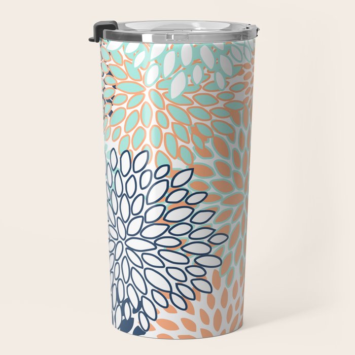 Festive, Floral Prints,Orange, Turquoise, Navy Blue Travel Mug Gallery Image 3