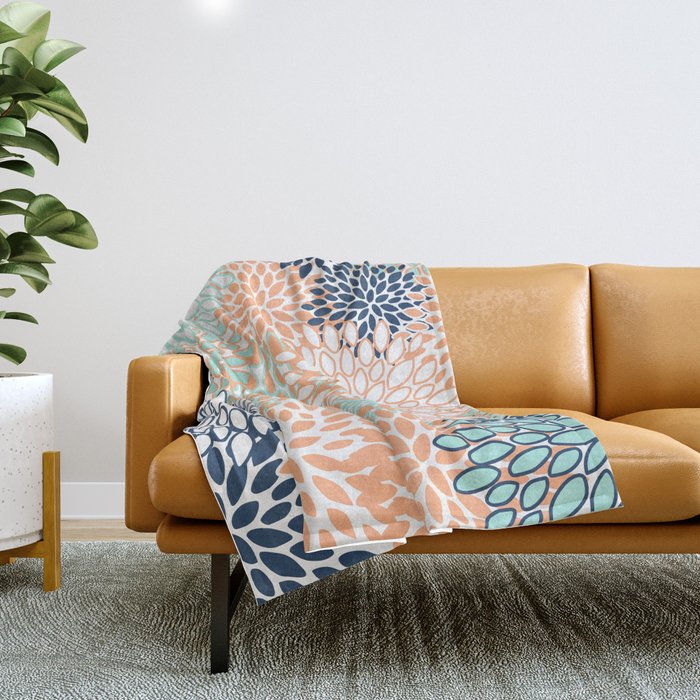 Festive, Floral Prints,Orange, Turquoise, Navy Blue Throw Blanket Gallery Image 1
