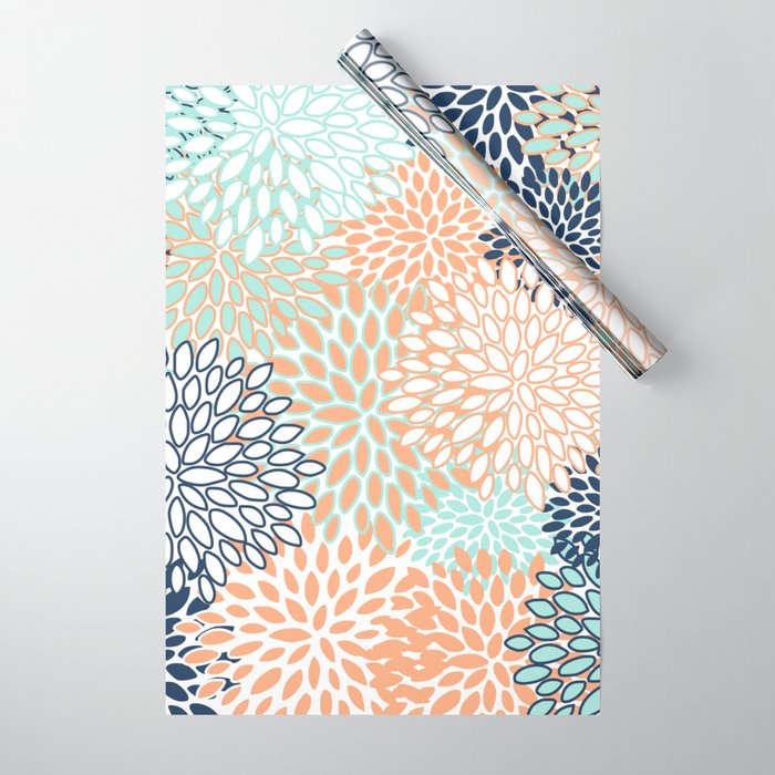 Festive, Floral Prints,Orange, Turquoise, Navy Blue Wrapping Paper Gallery Image 1