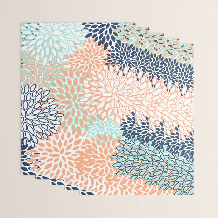 Festive, Floral Prints,Orange, Turquoise, Navy Blue Wrapping Paper Gallery Image 3