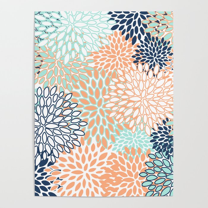 Festive, Floral Prints,Orange, Turquoise, Navy Blue Poster Gallery Image 4