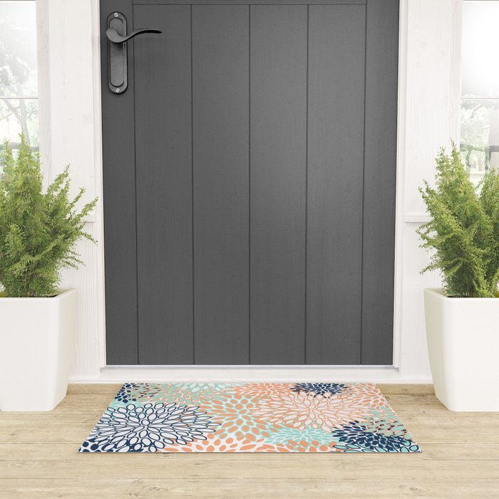 Festive, Floral Prints,Orange, Turquoise, Navy Blue Welcome Mat Gallery Image 3