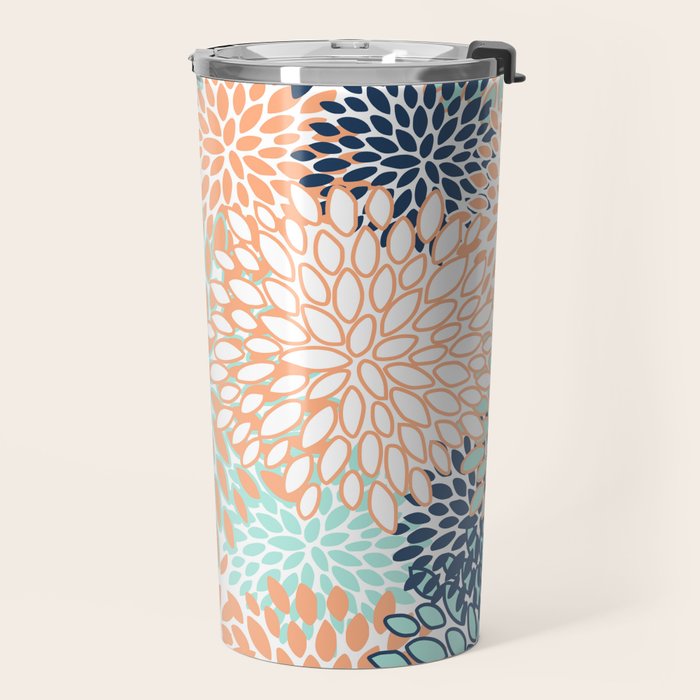 Festive, Floral Prints,Orange, Turquoise, Navy Blue Travel Mug Gallery Image 2
