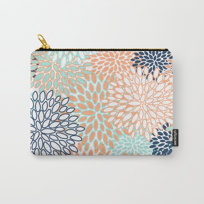 Festive, Floral Prints,Orange, Turquoise, Navy Blue Carry All Pouch Gallery Image 1