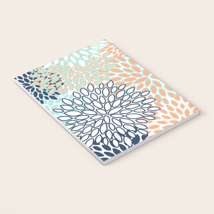 Festive, Floral Prints,Orange, Turquoise, Navy Blue Notebook Gallery Image 3