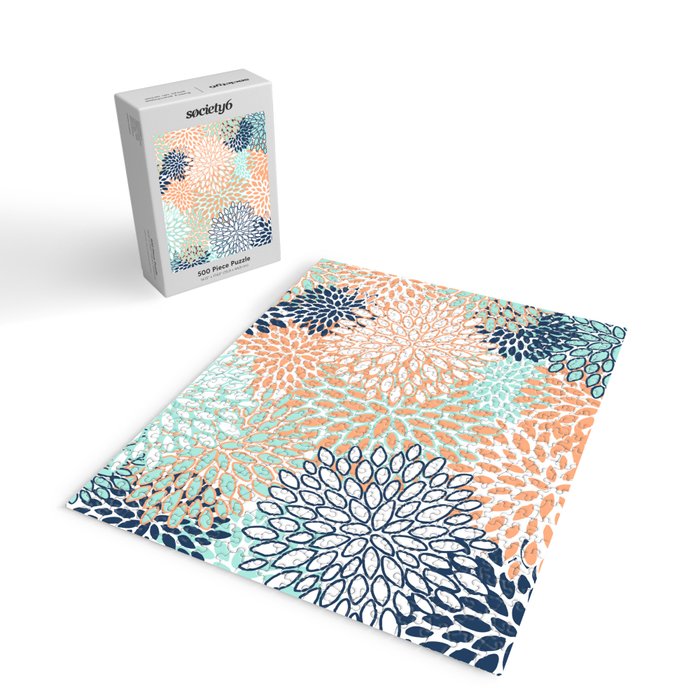 Festive, Floral Prints,Orange, Turquoise, Navy Blue Jigsaw Puzzle Gallery Image 2