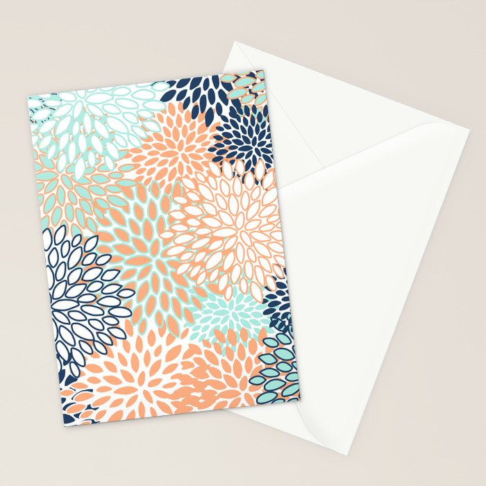 Festive, Floral Prints,Orange, Turquoise, Navy Blue Stationery Card Gallery Image 2