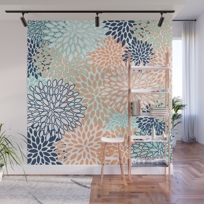 Festive, Floral Prints,Orange, Turquoise, Navy Blue Wall Mural Gallery Image 1