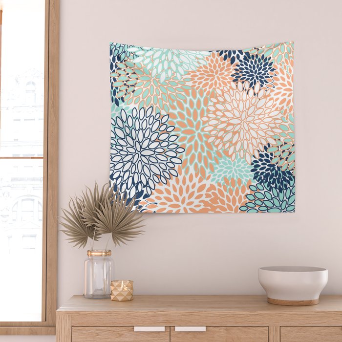 Festive, Floral Prints,Orange, Turquoise, Navy Blue Wall Tapestry Gallery Image 2