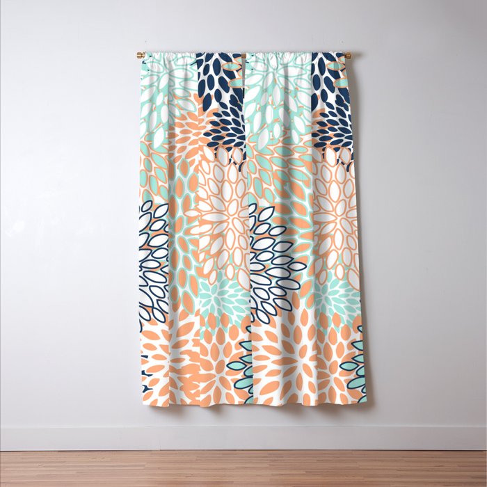 Festive, Floral Prints,Orange, Turquoise, Navy Blue Window Curtain Gallery Image 3