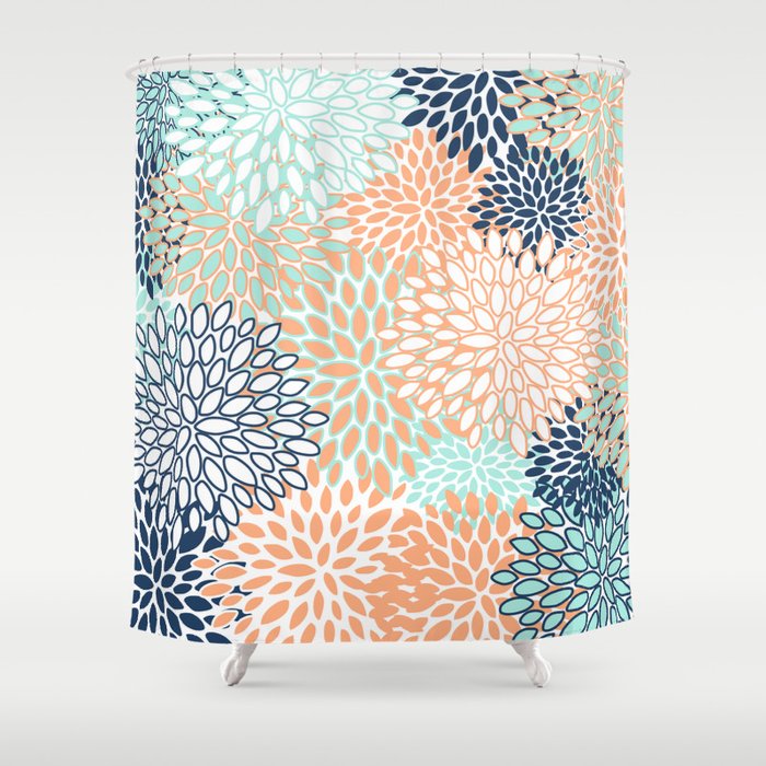 Festive, Floral Prints,Orange, Turquoise, Navy Blue Shower Curtain Gallery Image 1