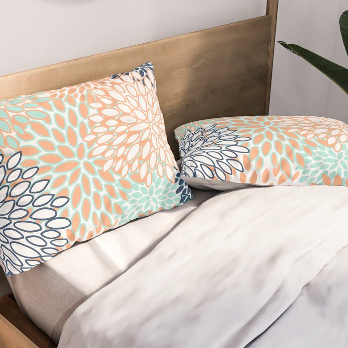 Festive, Floral Prints,Orange, Turquoise, Navy Blue Pillow Sham Gallery Image 2