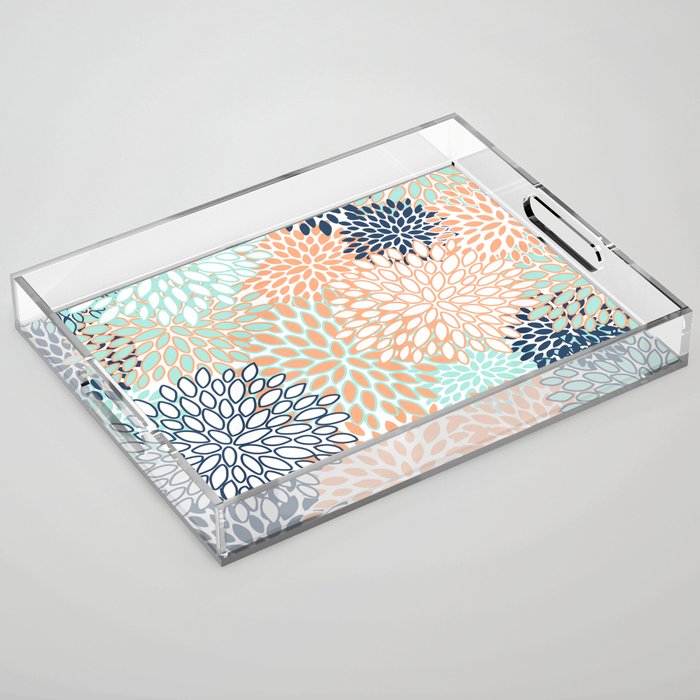 Festive, Floral Prints,Orange, Turquoise, Navy Blue Acrylic Tray Gallery Image 1