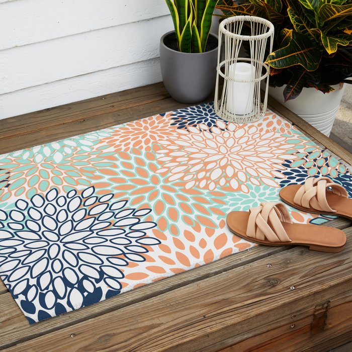 Festive, Floral Prints,Orange, Turquoise, Navy Blue Outdoor Rug Gallery Image 2