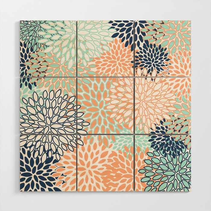 Festive, Floral Prints,Orange, Turquoise, Navy Blue Wood Wall Art Gallery Image 1