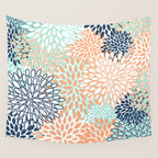 Festive, Floral Prints,Orange, Turquoise, Navy Blue Wall Tapestry Gallery Image 4