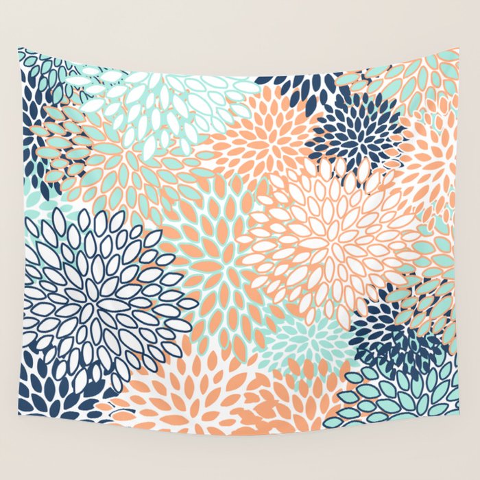 Festive, Floral Prints,Orange, Turquoise, Navy Blue Wall Tapestry Gallery Image 4