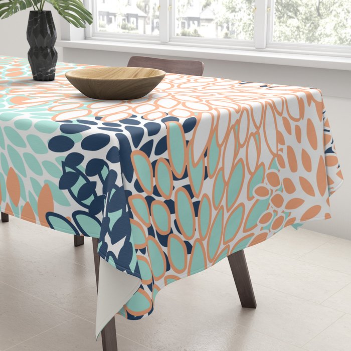 Festive, Floral Prints,Orange, Turquoise, Navy Blue Tablecloth Gallery Image 3