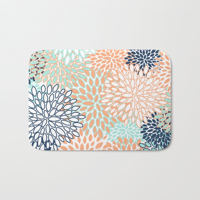Festive, Floral Prints,Orange, Turquoise, Navy Blue Bath Mat Gallery Image 1