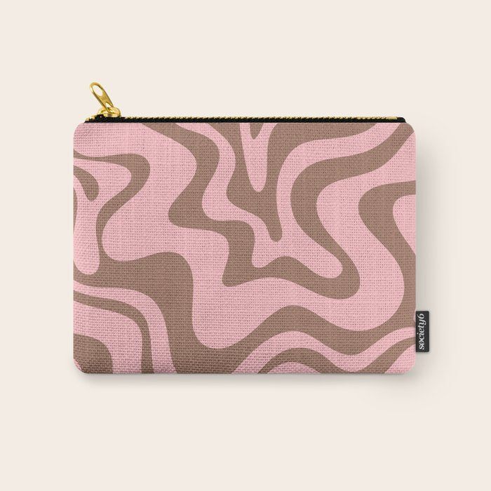 Retro Liquid Swirl Abstract Contemporary Pattern 5 in Mocha Brown and Pink Carry All Pouch Gallery Image 1