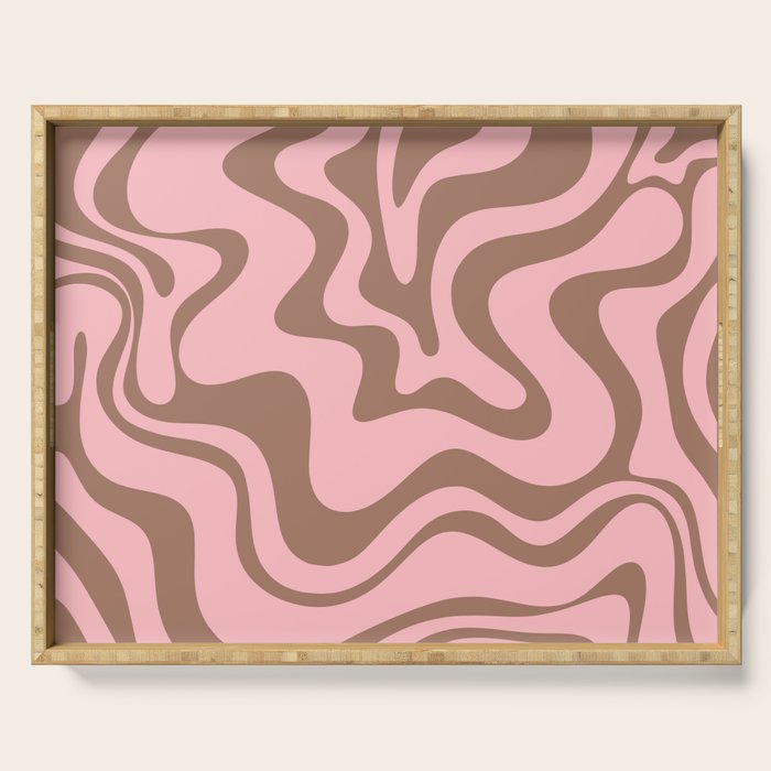 Retro Liquid Swirl Abstract Contemporary Pattern 5 in Mocha Brown and Pink Serving Tray Gallery Image 1