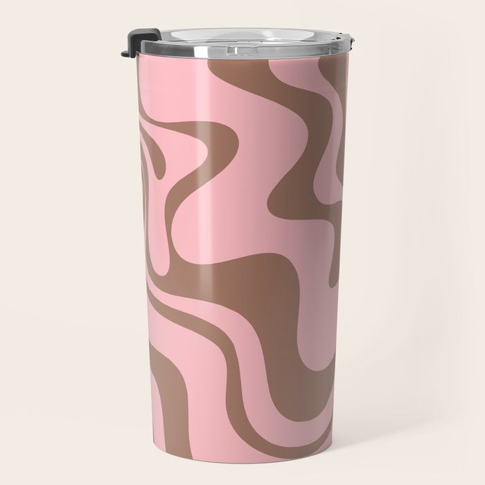 Retro Liquid Swirl Abstract Contemporary Pattern 5 in Mocha Brown and Pink Travel Mug Gallery Image 3