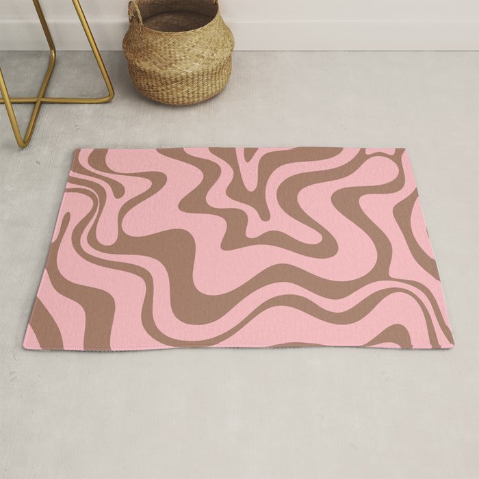 Retro Liquid Swirl Abstract Contemporary Pattern 5 in Mocha Brown and Pink Rug Gallery Image 1