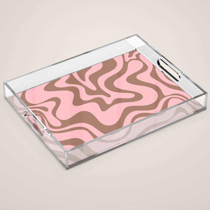 Retro Liquid Swirl Abstract Contemporary Pattern 5 in Mocha Brown and Pink Acrylic Tray Gallery Image 1