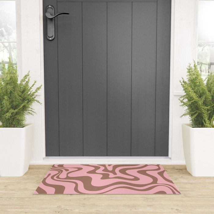 Retro Liquid Swirl Abstract Contemporary Pattern 5 in Mocha Brown and Pink Welcome Mat Gallery Image 3