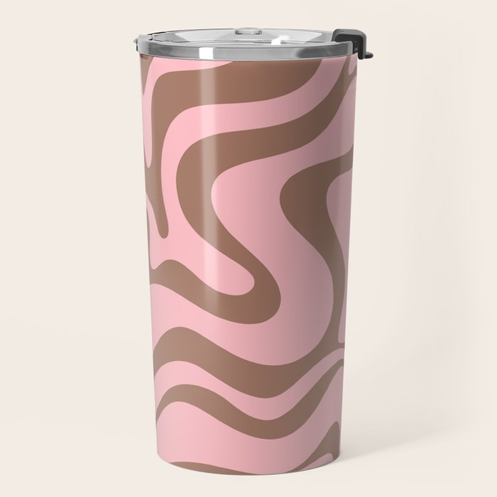 Retro Liquid Swirl Abstract Contemporary Pattern 5 in Mocha Brown and Pink Travel Mug Gallery Image 2